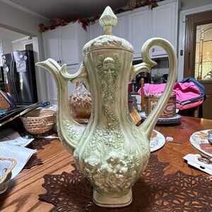 Vintage handmade ceramic green pitcher